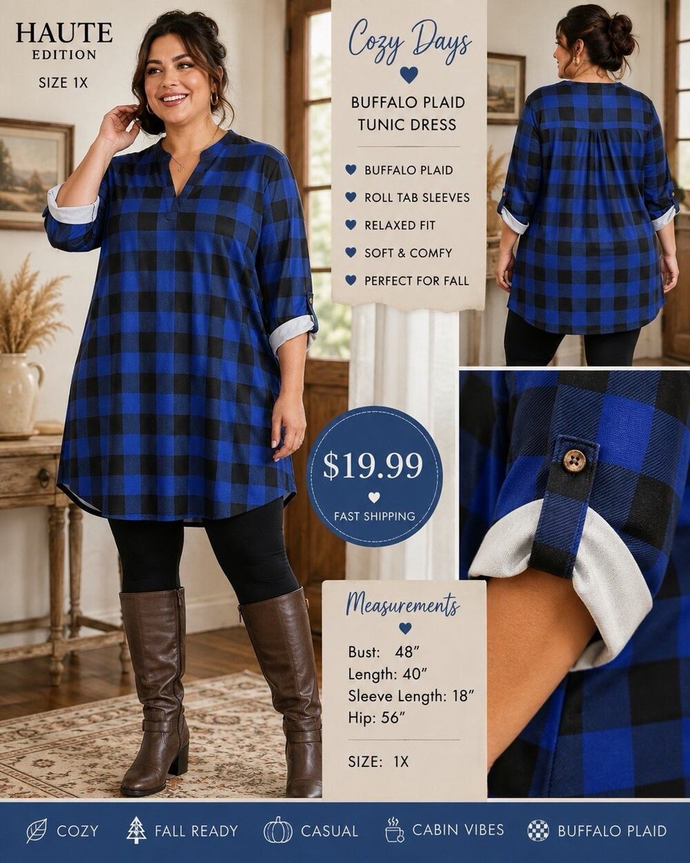 Haute Edition 1X Blue Black Buffalo Plaid Tunic Dress Roll Tab Sleeve NWT
